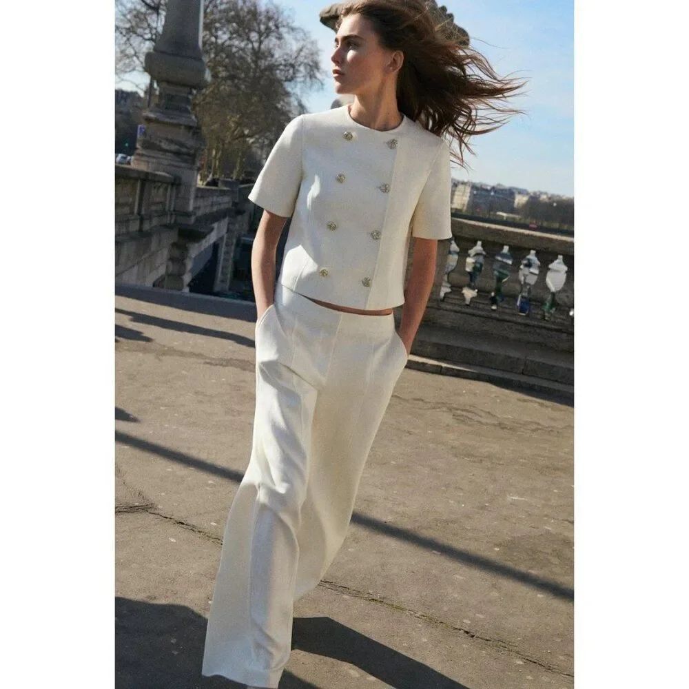 Zara Womens Blazer Small Double-Breasted Ivory Button Short Sleeve 2902/835 NWT